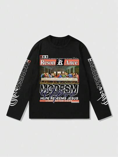 Maglietta casual da uomo a maniche lunghe con stampa di lettere, adatta per uso quotidiano