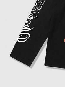 ROMWE MEN 男士街头字母印花圆领长袖休闲T恤，日常穿着 - 黑色 - 查看 3