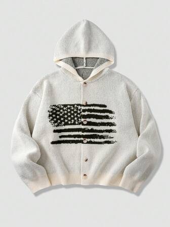 Men's Loose Fit American Flag Jacquard Pattern Long Sleeve Single-Breasted Hooded Cardigan
