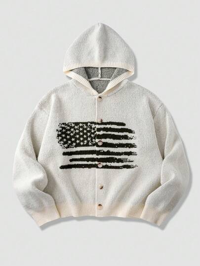 Chaqueta con capucha de manga larga de un solo pecho con patrón de jacquard de la bandera americana de corte holgado para hombre