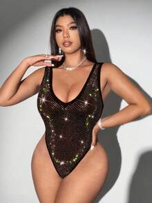 Viva Relle Bodysuit Tanpa Lengan Jala-jala Berhiaskan Berlian Imitasi Seksi, Cocok untuk Pesta, Festival Musik, dan Ukuran Besar - Coffee Brown - View 3