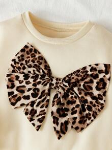 Maija Kids 豹纹蝴蝶结装饰圆领休闲卫衣，适合年轻女孩 - 杏色 - 查看 5