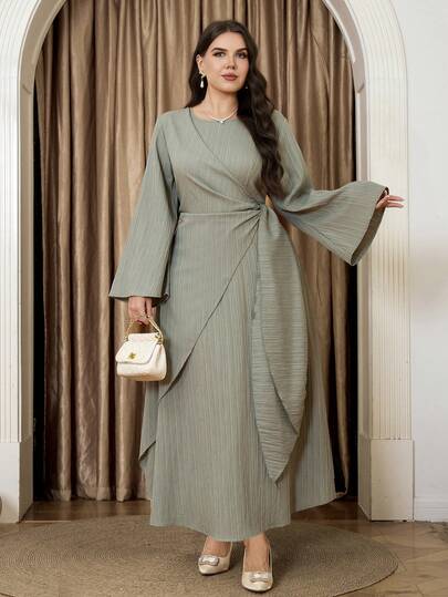 Veilorie Robe de soirée à manches évasées et froncée au cou rond pour femmes grandes tailles