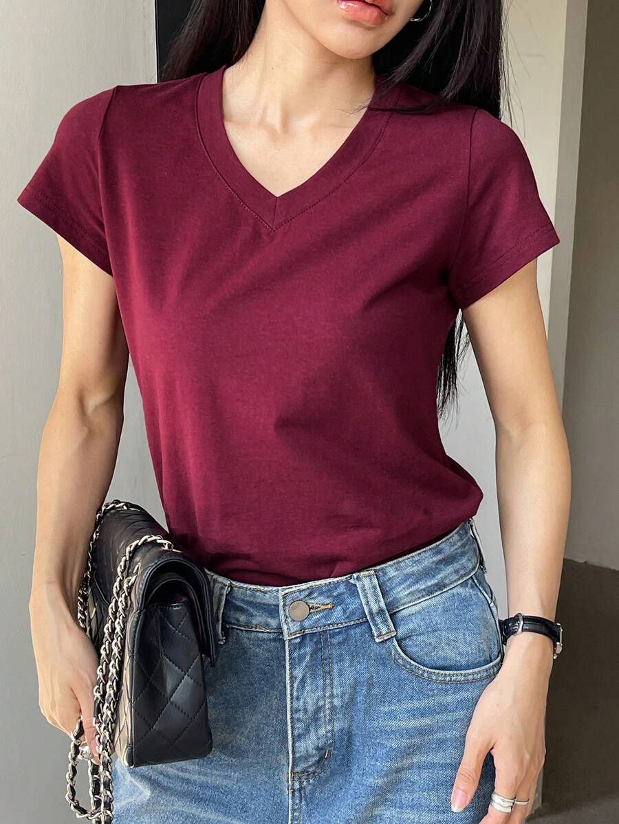 DAZY Women's Loose Casual Business V-Neck Short Sleeve T-Shirt, Fashion Office/Street Wear, Red, Spring/Summer - Burgundy - View 1
