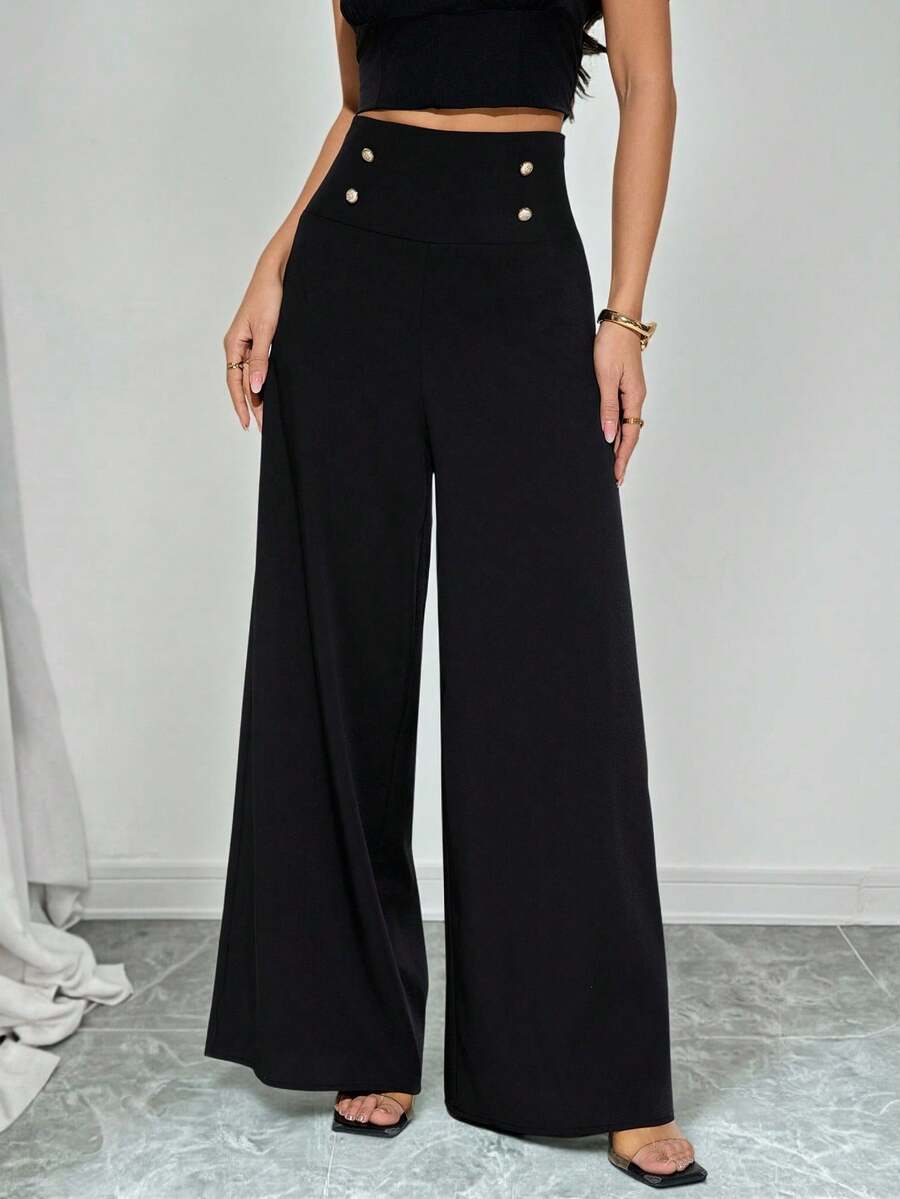 SHEIN PETITE Quần ống rộng cạp cao màu đen thanh lịch tối giản dành cho nữ, trang phục công sở - màu đen - Xem 1