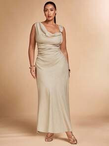 SHEIN BAE 加大垂坠领褶饰侧裙 - 卡其色 - 查看 7