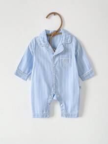 新生儿连体衣，蓝白条纹，前口袋，刺绣马图案，翻领，长袖，长裤，连体裤，爬行服，家居服 - 淺藍色 - 查看 3