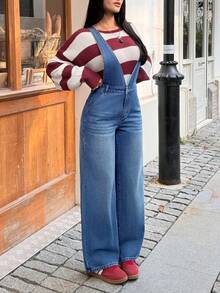 SHEIN EZwear Women's Fashionable Casual Washed Denim Bib Pants - Medium Wash - View 3