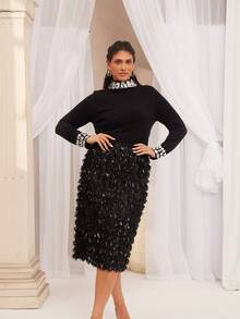 VOLUPTÉ CURVE Áo dệt kim dài tay cổ cao sang trọng, ôm dáng, cỡ lớn, đính đá lấp lánh, kiểu dáng thanh lịch, đa năng, thích hợp mặc nhiều lớp cho ngày Valentine, màu đen. - màu đen - Xem 4