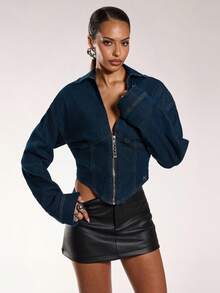 Normani Áo khoác denim thời trang đa năng tay dài cổ bẻ có khóa kéo cho nữ - Rửa tối - Xem 1