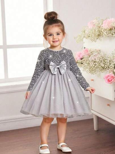 Young Girl Cute & Elegant Velvet Sequin Mesh Long Sleeve Dress Todder Girl Christmas Dress For Party & Performance Fall/Winter Grey Dresses For Girls Silver Dress For Kids Christmas Dress For Girls Party Dress For Young Girls Silver Sparkle Dress For Girls