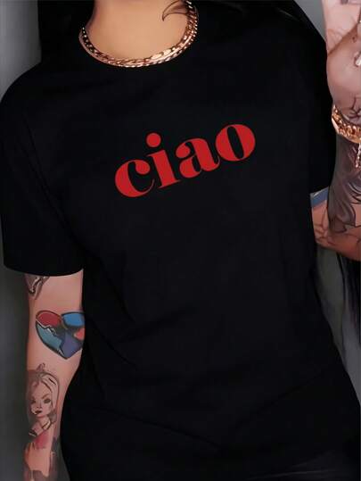 Camiseta de manga corta y cuello redondo para mujer, estilo casual, con diseño de estampado moderno, estampado digital, poliéster, envase de 1 pieza, camiseta con diseño de estampado