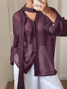 DAZY Áo kiểu nữ dáng rộng, màu trơn, tay dài, chất liệu chiffon, cổ buộc dây, thích hợp mặc mùa hè. - Màu tím - Xem 3