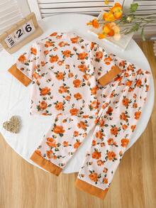 SHEIN 2pcs/Set Dozemod Young Girl Girls Vintage Floral Pattern Lapel Front Pocket Short Sleeve Loose Comfortable Woven Pajama Set, Sibling Matching Outfits (2 Sets Sold Separately) - Orange - View 2