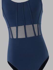 SHEIN Tween Girls Navy Blue Criss-Cross Sleeveless Leotard, Classic Mesh Splice Design Basic Camisole Suitable For School, Ballet, Competition, Children Dance, Gymnastics Sportswear, Elastic Spandex Dance Team Uniform - Navy Blue - View 7
