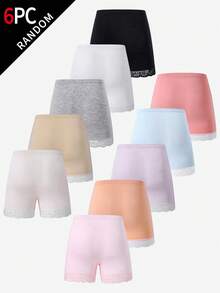 Random 6pcs/Set Girls Lace Patchwork Solid Color Comfortable Briefs, Shorts Bottoms - Multicolor - View 2