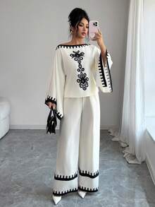 Elenzga Women's Elegant Vintage Black & White Floral Print Asymmetrical Shoulder Flare Sleeve Shirt And Wide Leg Pants 2-Piece Set, Suitable For Party, New Year, Valentine's Day, And Casual Wear In Autumn/Winter - Beige - View 5