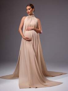 MaterniChic 优雅纯色缎带孕妇连衣裙，适合拍照 - 卡其色 - 查看 3