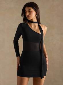 SHEIN BAE Vestido mini ajustado de manga larga con un hombro, de unicolor y parches de malla, de moda para mujer - Negro - Ver 5