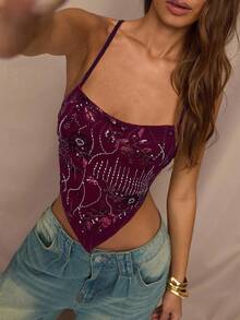 SHEIN BAE Spring Women's Halter Backless Sexy Beaded Embroidered Blouse, Suitable For Party, Daily Outing, Festival Celebration, Street Events - Burgundy - View 3