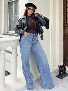 秋冬女式口袋阔腿宽松休闲保暖内衬牛仔裤，冬季外出保暖卡其色羊毛内衬做旧低腰直筒蓝色牛仔裤 - 中等水洗藍 - 查看 6