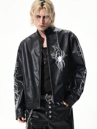 Goth Men's Fashion Spider Web & Letter Print Jacket