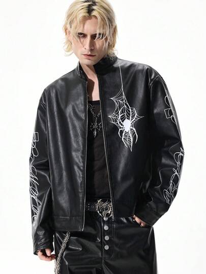 Goth Chaqueta de hombre con estampado de telaraña y letras