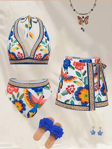 SHEIN Swim Oasis Multicolor Floral Parrot Print Halter Bikini Set With Short Bottoms And Tie Back Detail For Women - Multicolor - View 1
