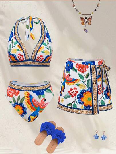  2025 New Women's Printed Swimsuit Shorts & Skirt Beach Resort Casual Swimwear Set, Summer Women S Sets For Summer Women Sets For Summer Bathing Suits For Women Boho Swim Oasis 3 Piece Set Vintage Swimsuits For Woman Boho Bathing Suit Three Piece Bathing Suit