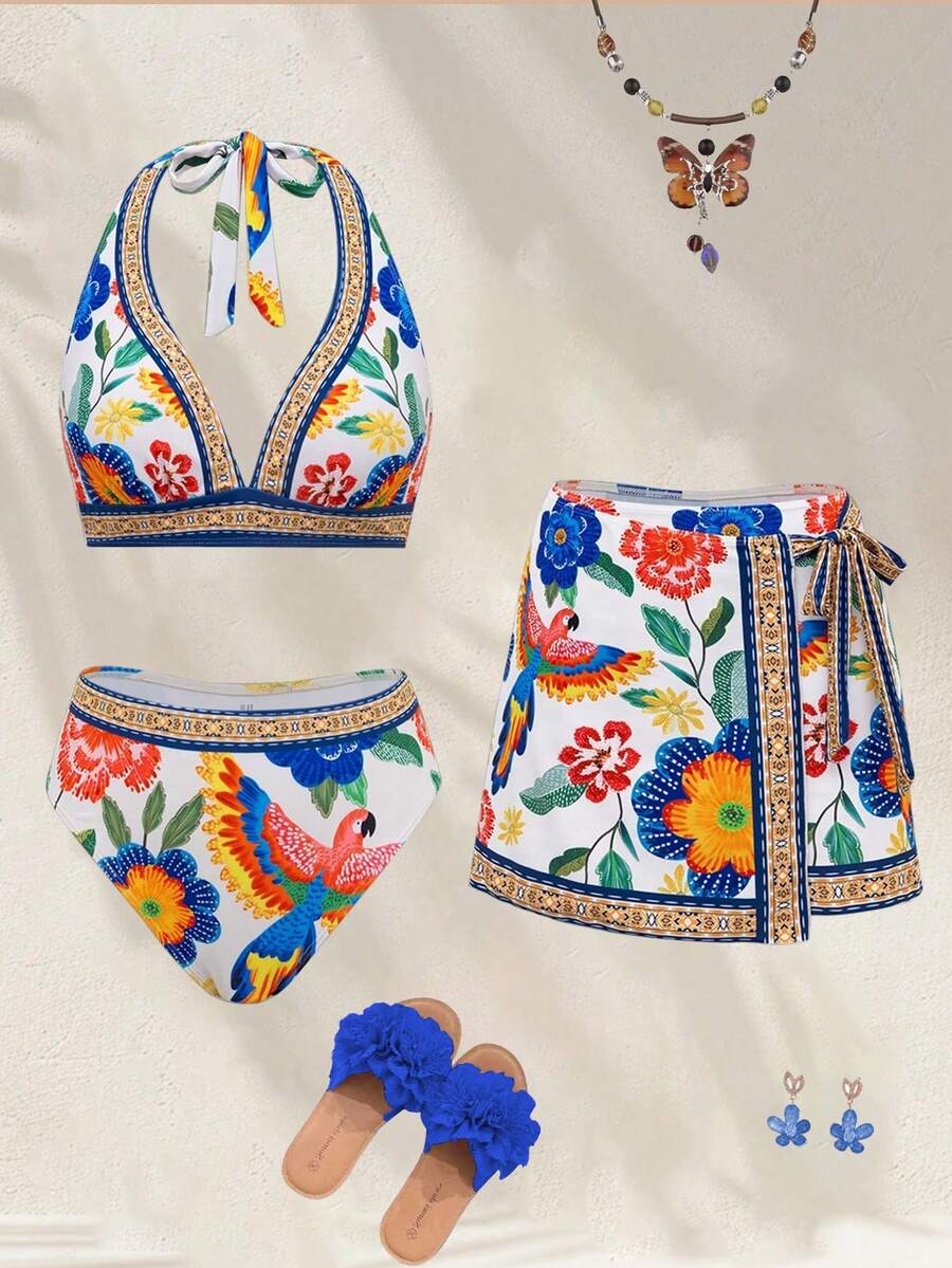 SHEIN Swim Oasis Multicolor Floral Parrot Print Halter Bikini Set With Short Bottoms And Tie Back Detail For Women - Multicolor - View 1