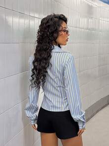 StreetHx Women's Slim Fit Blue Striped Casual Shirt - Blue - View 3