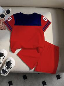 SHEIN Bộ đồ thể thao thường ngày cho bé trai, gồm áo thun ngắn tay cổ tròn và quần short, in số 23 và chữ California, phối màu sọc, thích hợp cho hoạt động ngoài trời, thể thao, mùa xuân/hè. - Nhiều màu - Xem 2