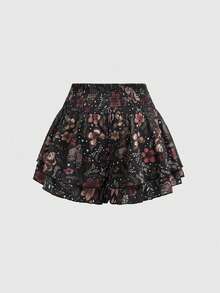 ROMWE Fairycore Boho Wear 夏季嬉皮度假風植物印花大尺碼女款荷葉邊下擺 A 字短褲，附鬆緊腰帶 - 黑色 - 查看 2