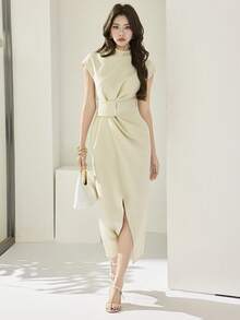 Heiryn 女士优雅纯色开衩中长连衣裙，适合通勤 - 杏色 - 查看 3