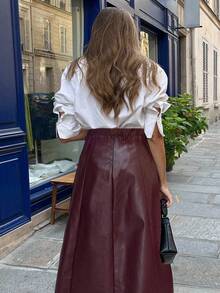 Vionelle Plus Size Women's Elegant Solid Color High-Quality PU Fabric Skirt, Elastic Waist, Invisible Side Zipper, A-Line Design, Long Midi Skirt, Suitable For Concerts, Outings, Weddings, Parties, Christmas, New Year, Birthdays, Fashion Essential - Burgundy - View 2