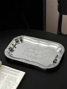 1 Piece Large Vintage Stainless Steel Tray With Elegant French Embossed Pattern High Quality Durable Cake Plate Serving Tray For Home Dining Tabletop Storage Decor Party Wedding Coffee House Essential Hot Item - Silver - View 9
