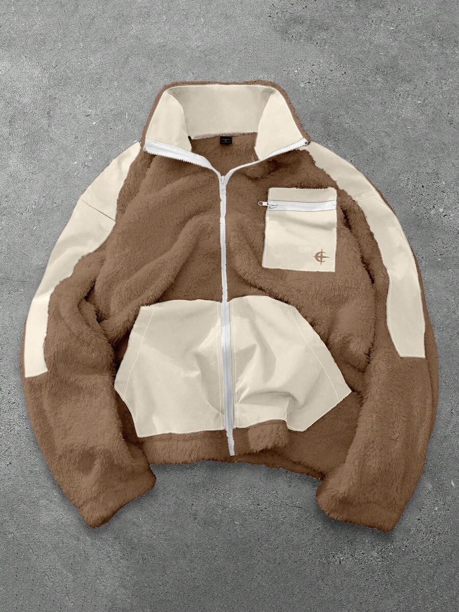 Claim Dot 男士时尚休闲针织卫衣，时尚拼接羊羔绒外套，拼接设计，舒适保暖面料，实用口袋，优雅拉链装饰，展现个性风格，适合时尚穿搭、日常休闲穿着、户外活动、休闲运动、节日礼物、男友礼物，男女皆宜 - 卡其色 - 查看 1