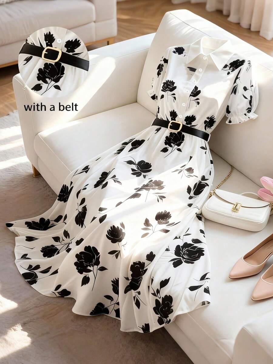 GlowEve CURVE Plus Size Elegant Short Sleeve Bohemian Floral Dress,Women's Summer Black And White Maxi Dress,French Style Date Night Printed Dress With A Belt - Black and White - View 1