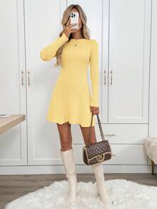 SHEIN LUNE Lässiges tailliertes A-Linien Aprikosen Pulloverkleid für Damen - Gelb - Übersicht 3