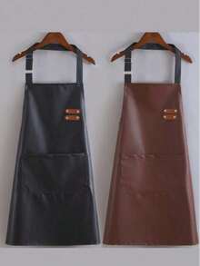 防水防污PU围裙，耐用厨房工作服，仿皮围裙，适用于水务工人、理发师和餐饮从业人员，现代简约腰部设计 - 黑色 - 查看 11