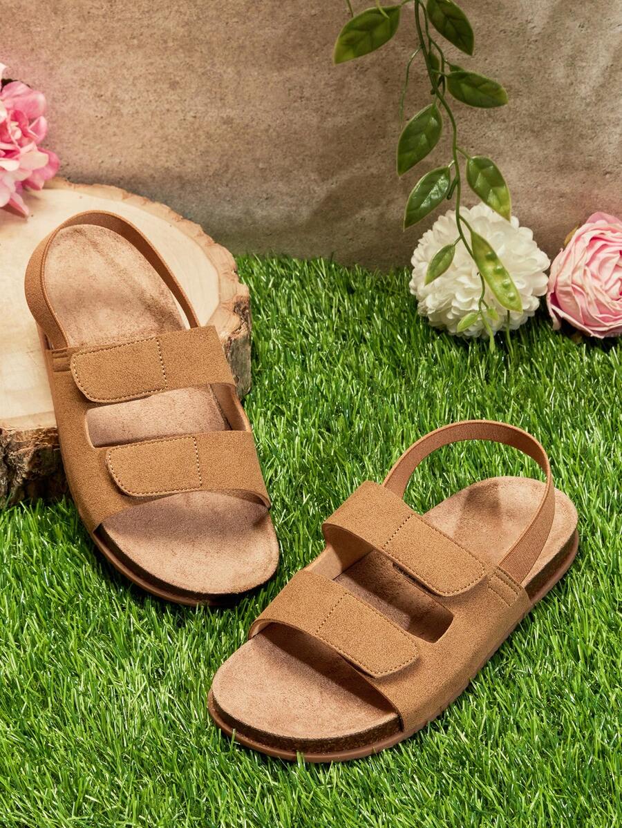 Mini mi Kids' Elastic-Slingback Double-Band Ultra-Light Soft-Footbed Premium Faux Leather Camel Sandals – Comfy, Secure & Flexible - Camel - View 1