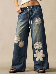 Bohemela Quần jeans nữ ống rộng, màu trơn, chất liệu dệt kim, dáng suông, thích hợp mặc thường ngày. - Màu xanh lam - Xem 3