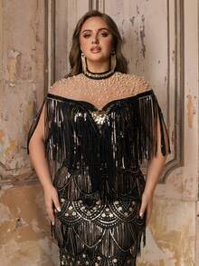 Glamrae Vestido de noche de fiesta de talla grande para mujer con cuello Mao, diseño con perlas falsas, lentejuelas y flecos