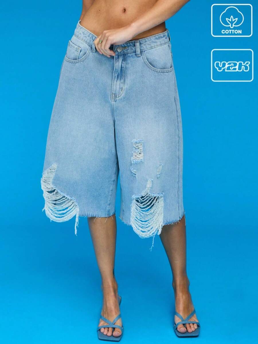 COUREZ 浅蓝色水洗做旧牛仔短裤/Y2K夏季女装夏季短裤度假复古棉质 - 藍色 - 查看 1