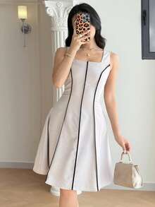 Modelyn Women's Elegant Commuter Contrast Trim Sleeveless Waist Cinched Mini Dress - Khaki - View 5