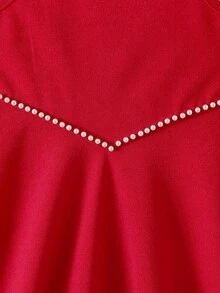 Young Girls Red Sweet Spaghetti Strap Dress With Bow Shoulder Strap, Pearl Decor A-Line Cute Elegant Princess Style, Summer Girls Formal Dress Kids Red Dress Toddler Girls Special Occasion Dress Red Party Dress Toddler Girl Dress Birthday Girl Young Girls Dresses Red Dress For Girls Pearl Waist Dress Kids Party Dress Cocktail Dress For Kids - Red - View 4