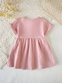 SHEIN Baby Girl Lotus Pink Double-Layer Chiffon Buttoned Front Dress, Suitable For Summer Outings, Photo Shoots, Or Everyday Wear - Dusty Pink - View 2