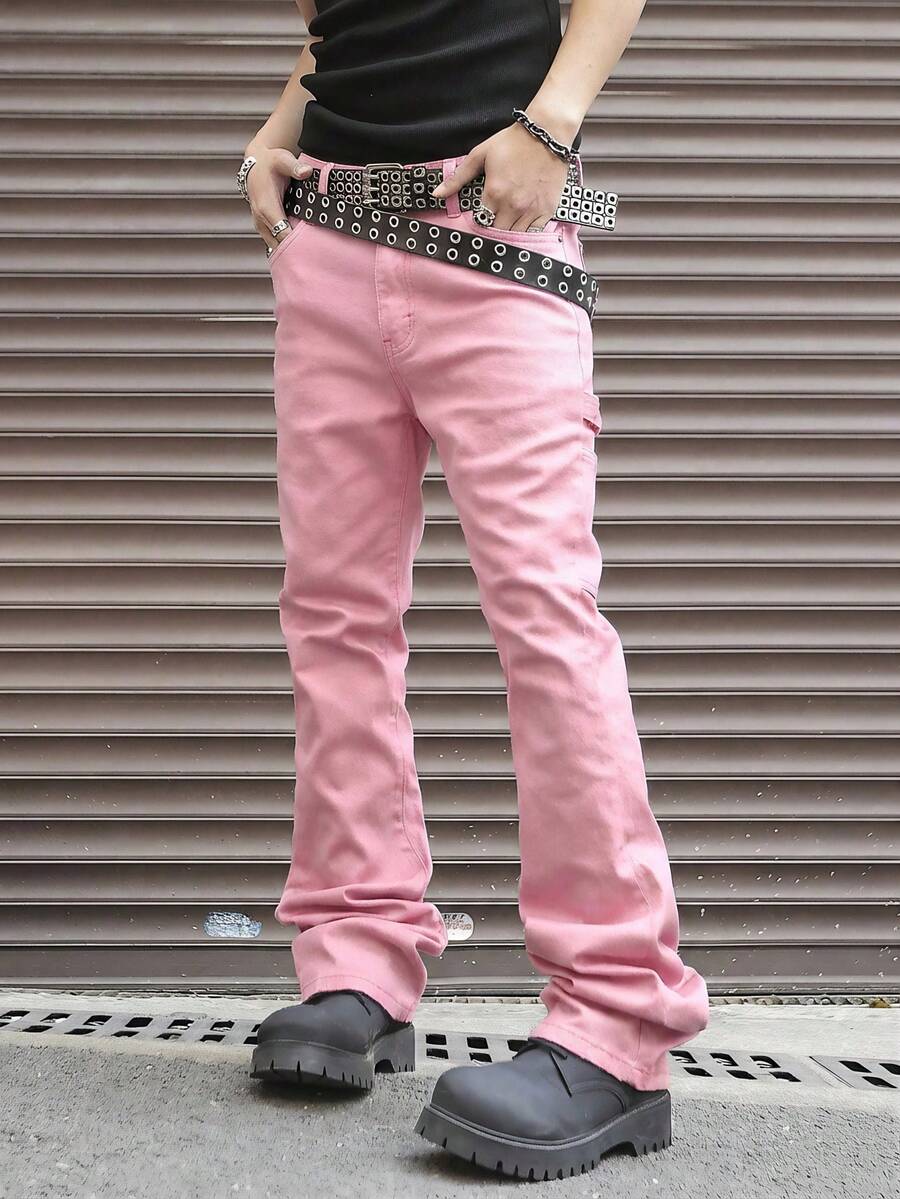 Manfinity EMRG Men's Pocket Button Casual Versatile Daily Commute  Men S Pink Stacked Jeans - Pink - View 1
