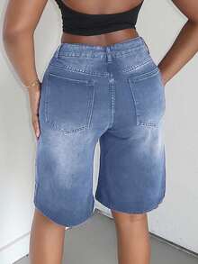 Alexandranx Quần short denim rộng rãi, giặt thường ngày cho nữ - Màu xanh lam - Xem 2