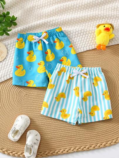 SHEIN 2pcs Baby Boy Summer Casual Vacation Duck Pattern Beach Shorts, Suitable For Beach, Spa, Daily Vacation, Swimming